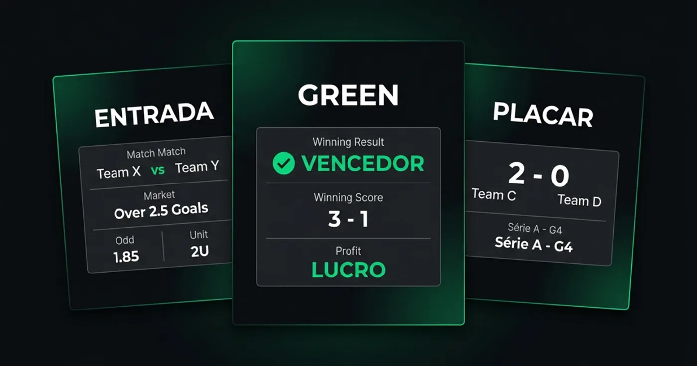 Três templates editáveis: card de entrada, card de green e placar